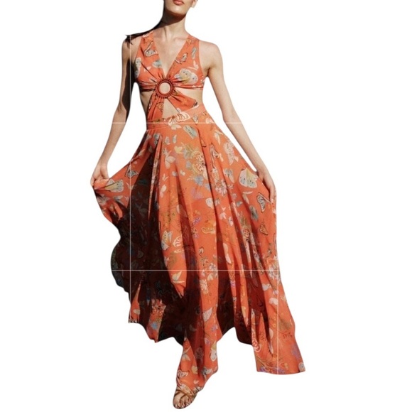 My Beachy Side Butterfly Begonia Cut Out Maxi Dress Romantic Gold Flame NWT - Picture 2 of 15
